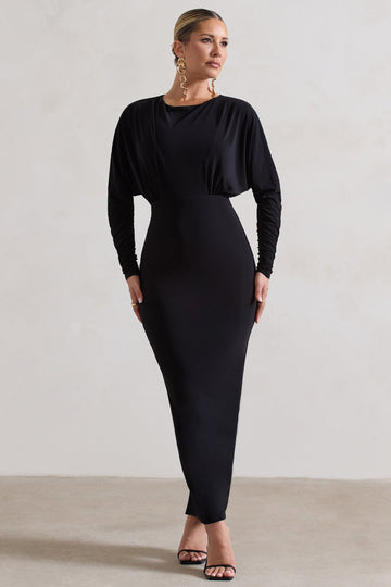 All It Takes Black Long-Sleeve Draped Maxi Dress